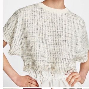 Zara Tweed Contrasting Top with Frayed Hem